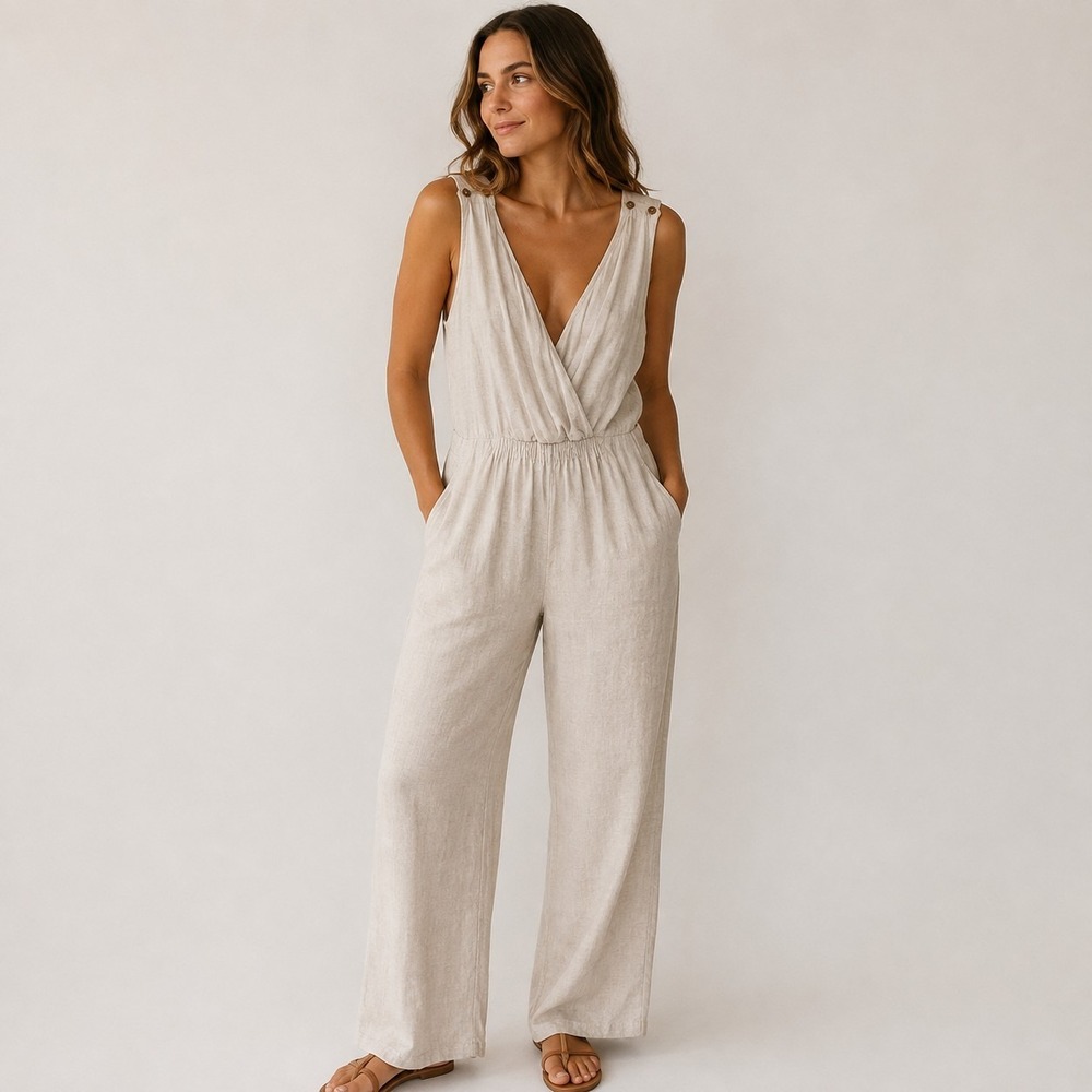 Roolee Beige Linen Blend Deep V Flowy Coastal Minimalist Boho Jumpsuit Size S